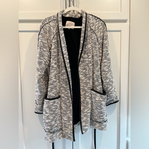 Rebecca Taylor Longline Tweed Sweater Jacket with Faux Leather Trim. Size 12. - Picture 9 of 13